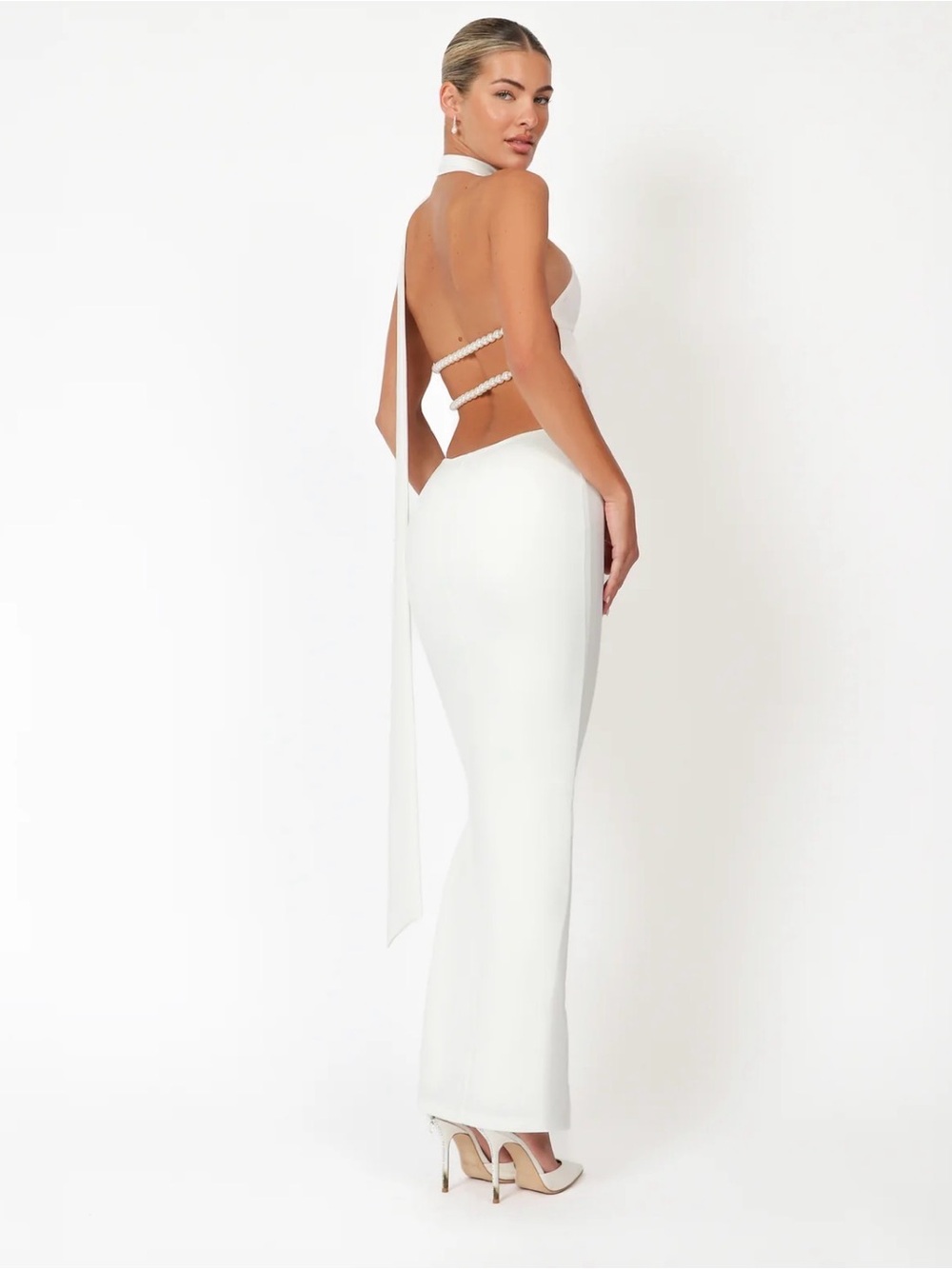Khanum’s Kara Dress - Elegant White Backless Halter Gown with Pearl Side Straps